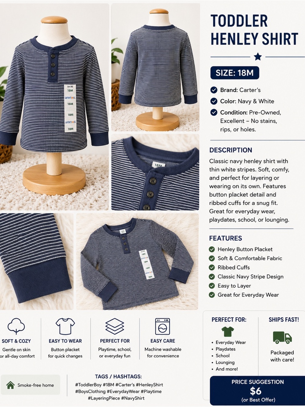 Carter's Navy & White Striped Henley Long Sleeve Tee